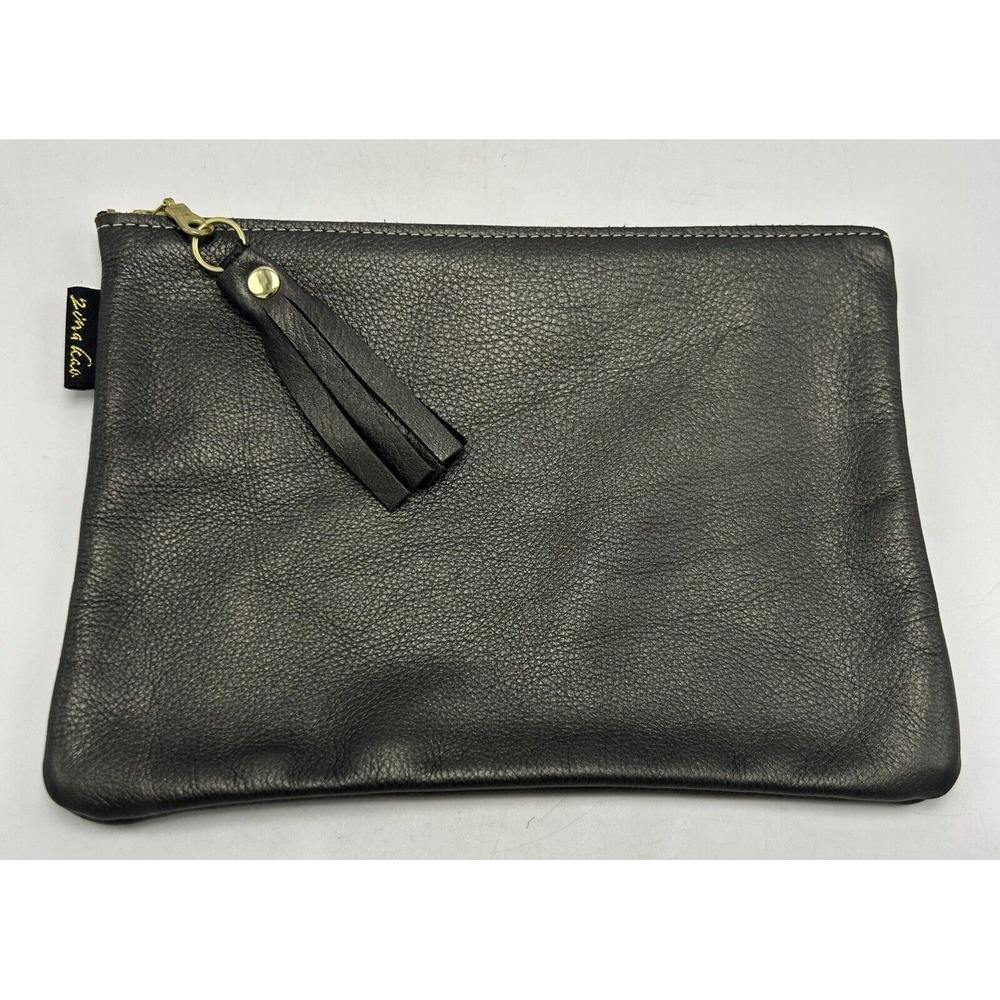 Leather Pouch Zina Kao Silver Clutch With Tassel 9" x 6.5" Quality Buttery Gold